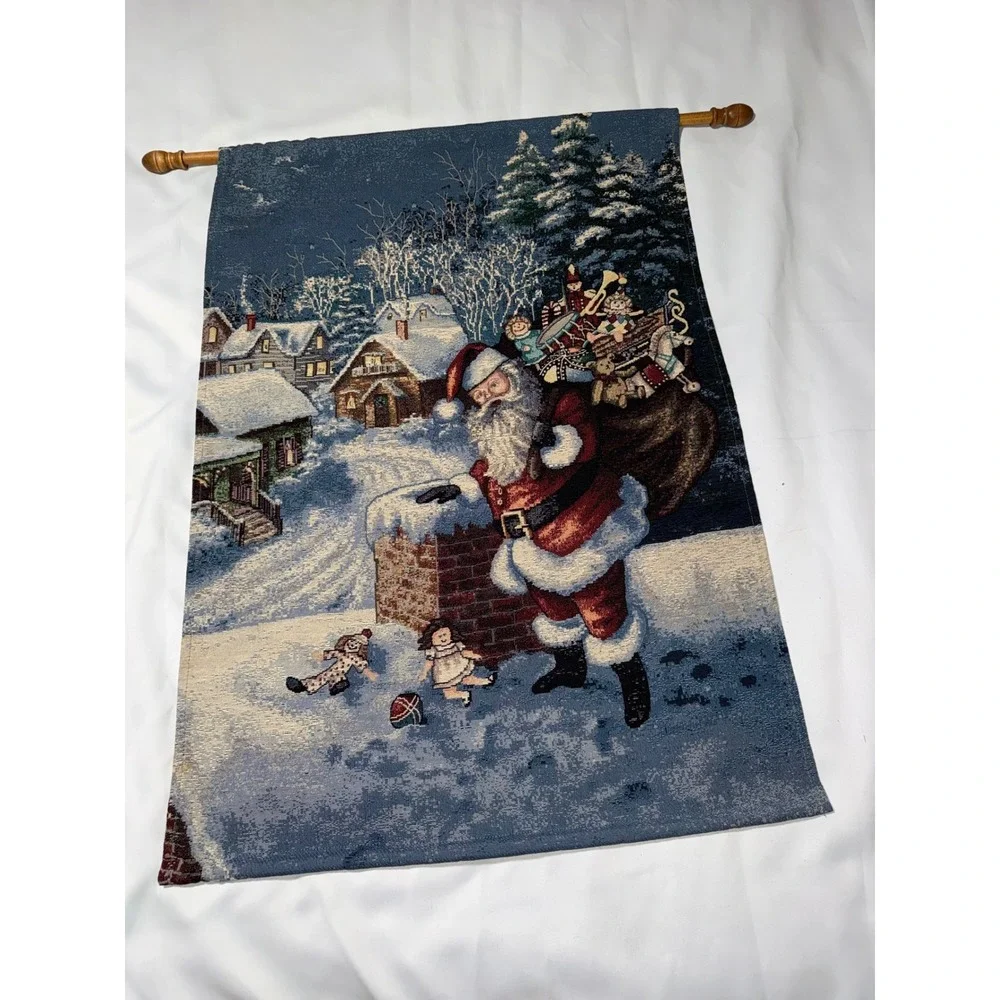 Vintage Christmas Santa Claus Woven Tapestry Wall‎ Hanging with Rod 26x36